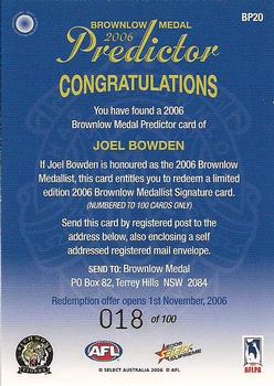 2006 Select AFL Supreme - Brownlow Predictors #BP20 Joel Bowden Back
